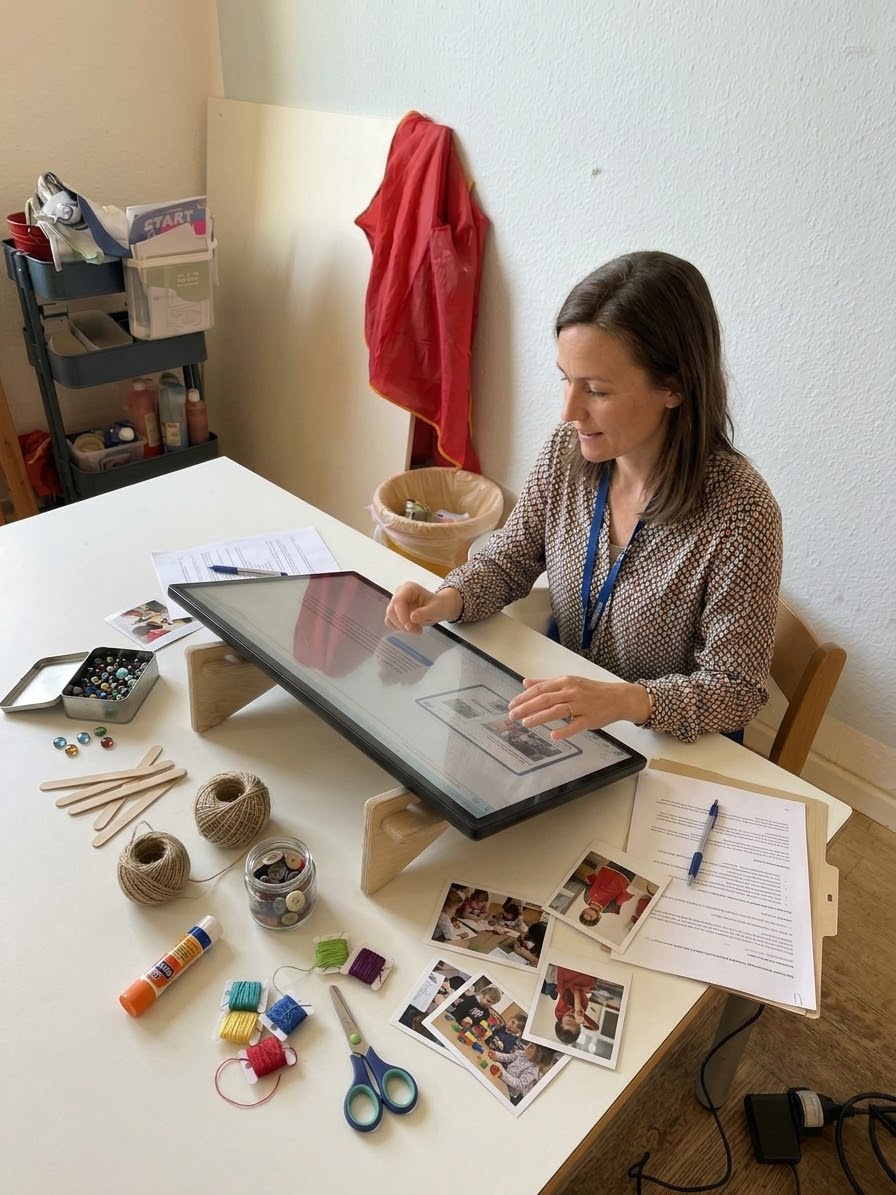 Pädagogische Fachkraft dokumentiert Beobachtungen am flach liegenden eKami-Bildschirm, umgeben von Fotos, Klebstoff und Bastelmaterial für die Kita-Dokumentation.