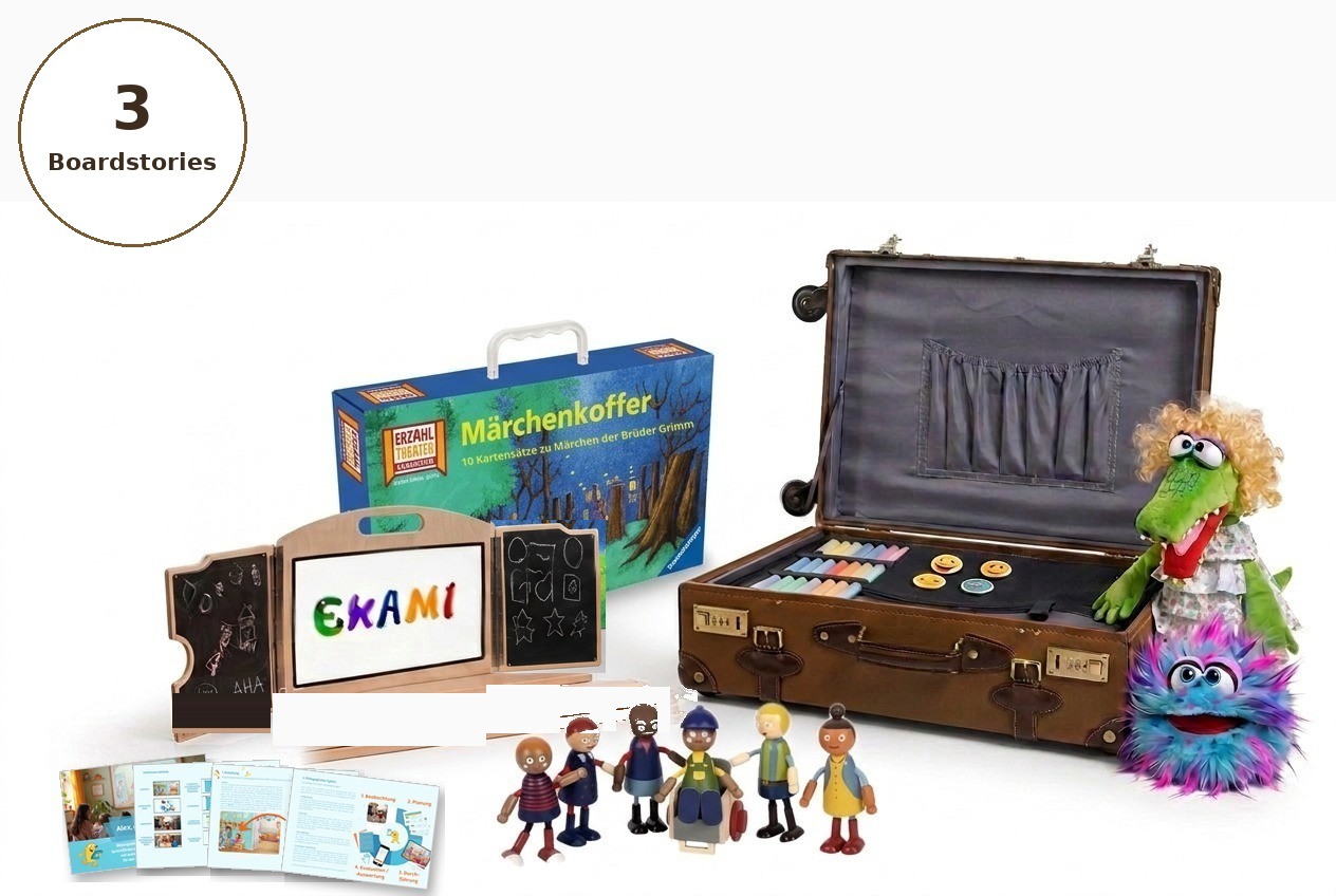 eKami Erzählkoffer für Bibliotheken: eKami-Medienzentrum neben geöffnetem Koffer mit Erzählschienen, Figuren, Emoji-Magneten, Kreide, Kamishibai-Bildkarten und Handpuppen vor weißem Hintergrund